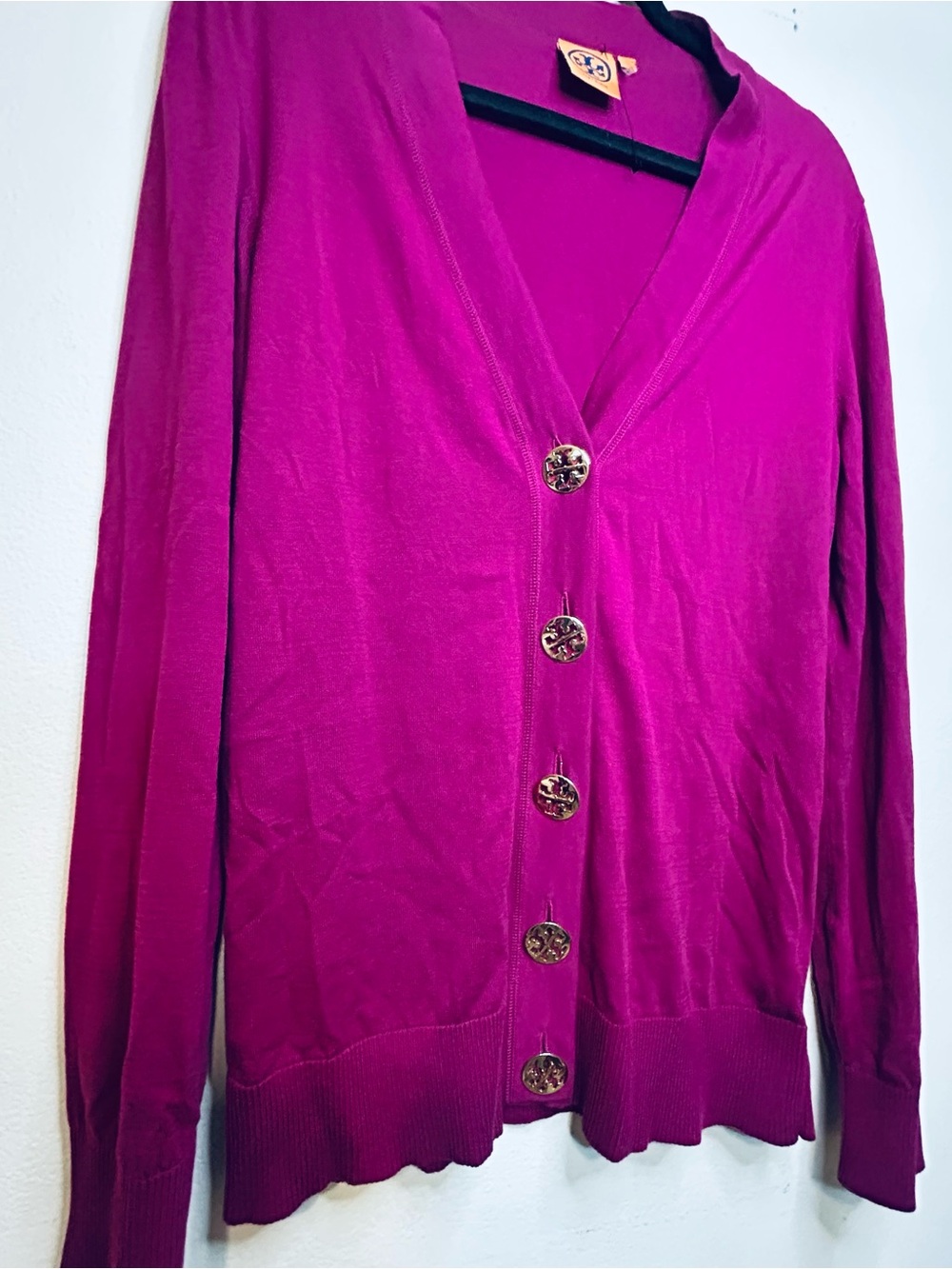 Tory Burch XL Magenta V-Neck Button Front Women's Cardigan 100% cotton Sweater - Picture 5 of 6